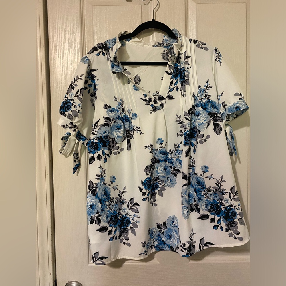 SHEIN Blue and Gray Tie Front Blouse with Notched Collar